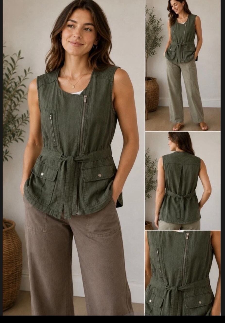 Athleta Wanderabout Utility Linen Vest Jacket – Olive Green, Women’s Small